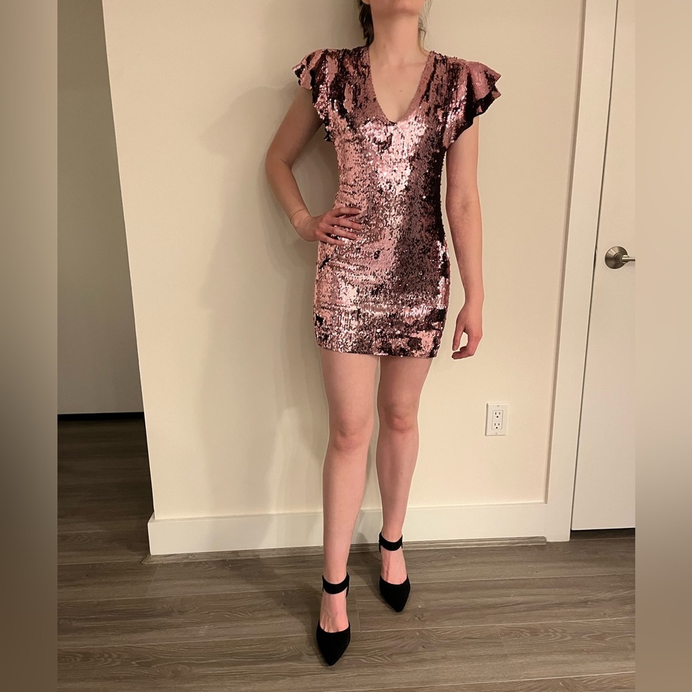 Zara Pink Sequin Mini Dress with Ruffle Sleeves